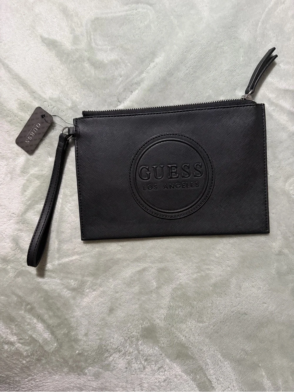 GUESS Black Embossed Logo Zip Wristlet Clutch